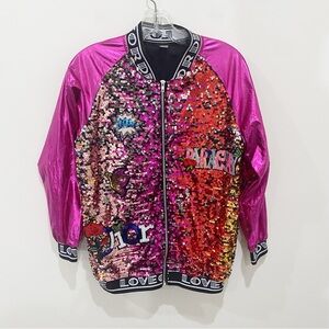 Sparkly Colorful Sequin-Covered Bomber Jacket Zip Up Size Medium